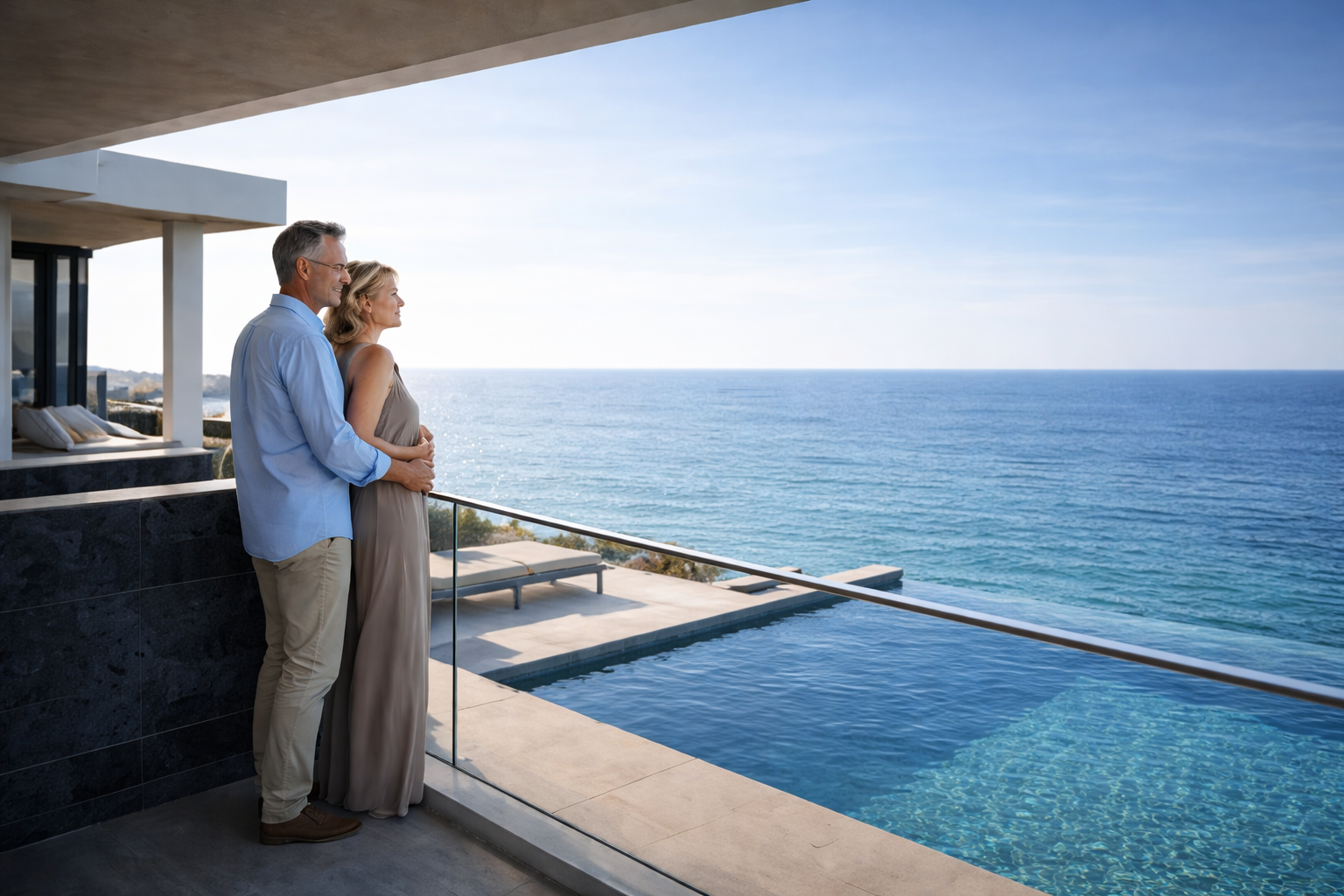 Couple enjoying ocean view from luxury villa